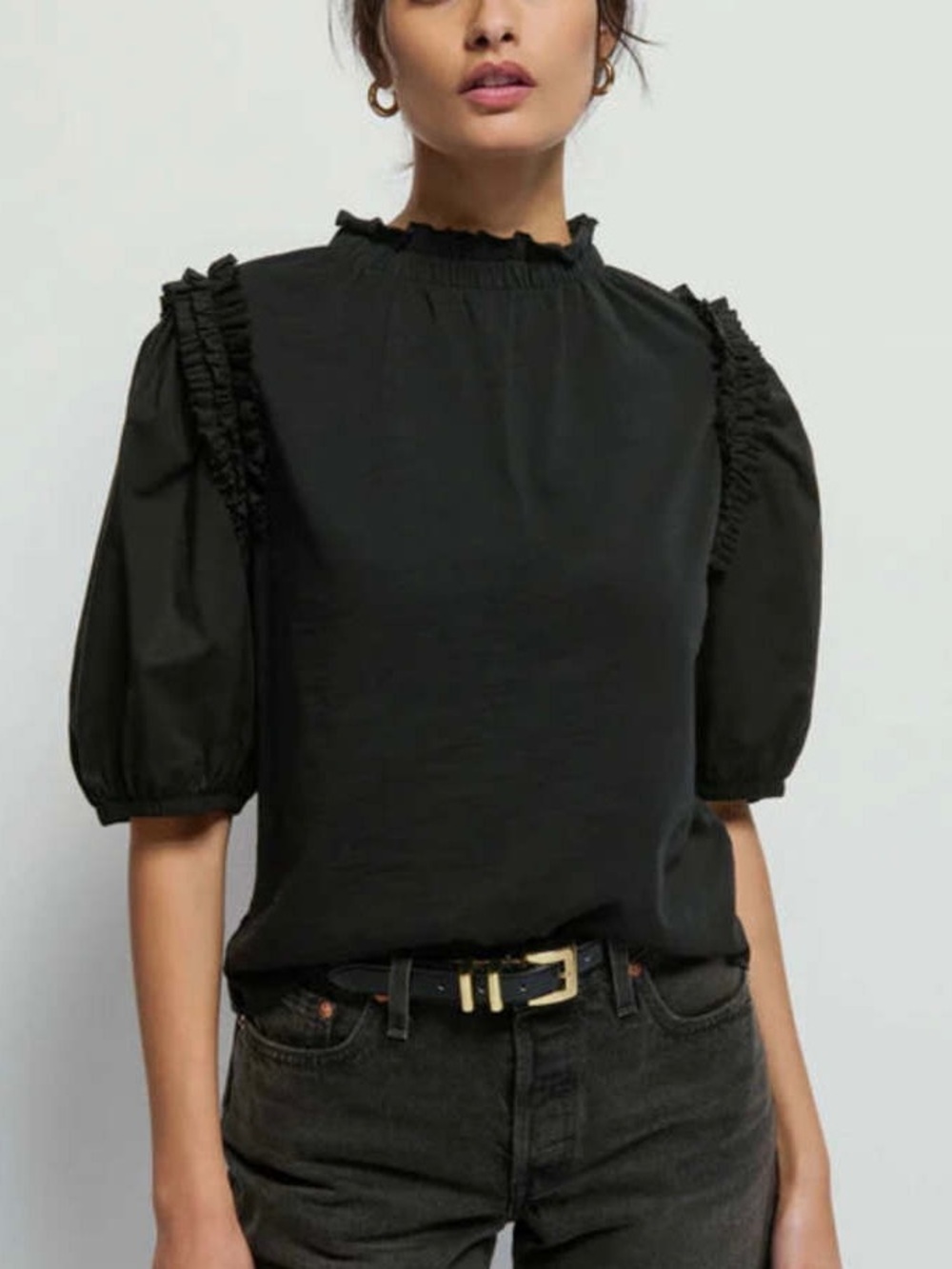 Nation LTD Roya Ruched Neck Top Puff Sleeve Preppy Casual Medium Office Keyhole